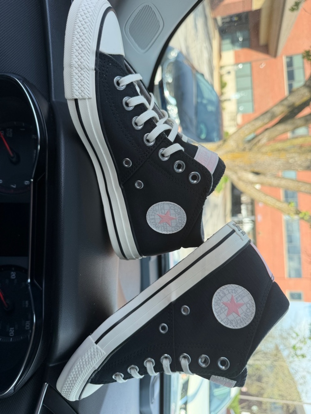 Converse Black High Top Sneakers with Pink Star